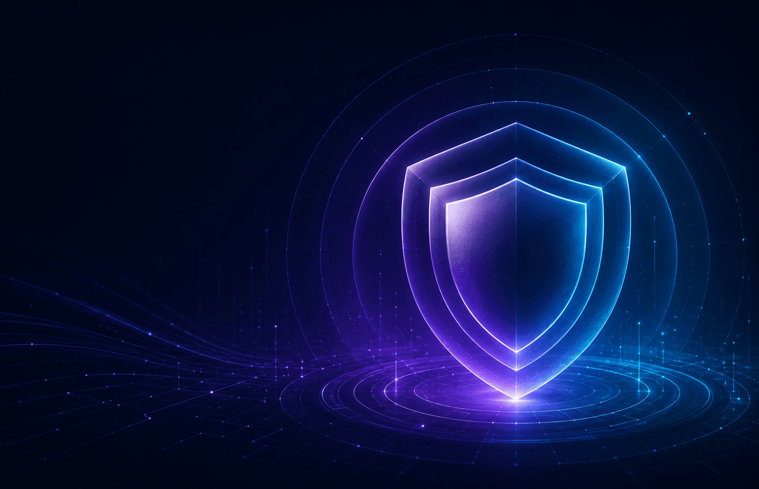 Security & trust, abstract shield motif in violet-to-cyan gradient light
